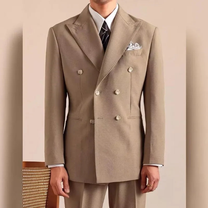 Men Gentleman Style Business Casual Blazers Suits Two Button Double Breasted Jacket Match Set Slim Fit Full Length Pant Outfits