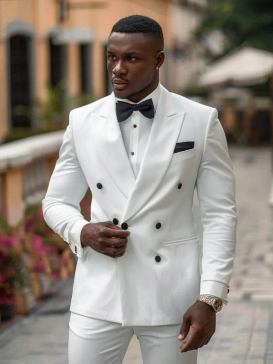 Elegant White Peak Lapel Men's Suits 2 Pieces Jacket Pants Handsome Double Breasted Suit Set For Men Banquet Tuxedo On Sale