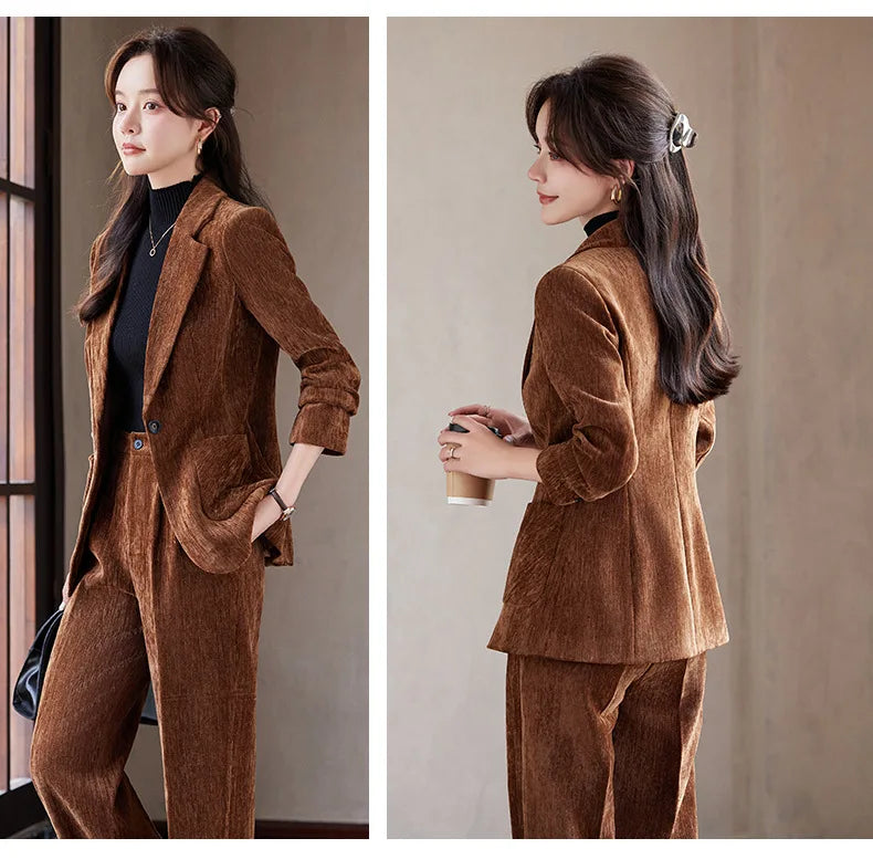 2024 Autumn New Corduroy Elegant Pant Suit Ladies Formal Business Work Wear 2 Piece Set Black Coffee Jacket Blazer And Trouser
