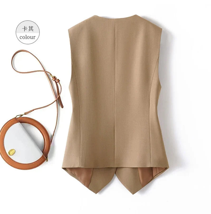 Korean Women Vest 2025 New High-end Casual Suit Vest Commuting Slim Collarless Short Vest Female Sleeveless Jacket Waistcoat Top