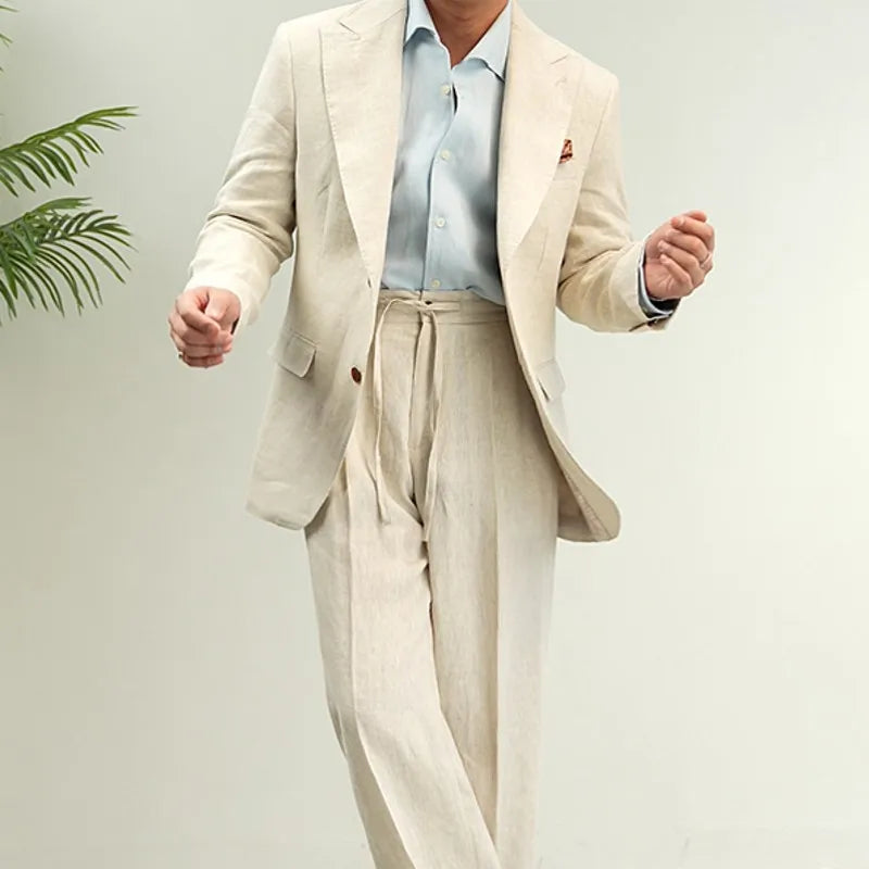Men Retro Linen Suit Set Notched Collar Thin Business Casual Blazers Two Piece Set Lace Up Long Pant Full Length Trousers Outfit