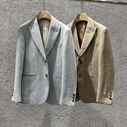 Men's Smart Casual Blazer – Vintage Coin Check Pattern – Brown & White Grey – Shopping & Office Wear