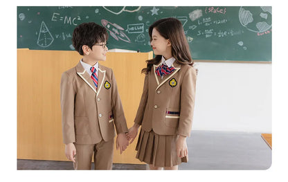 Boys School Uniform Girls Jacket Khaki Skirt Shirt Tie Suits Kids Formal Dress Tuxedo Toddler Clothes Sets Child Student Outfits