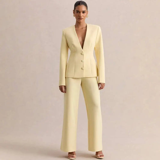 Yellow V-Neck 2 Piece Suit High-End Women's Single Breasted Jacket Pants Set Formal Evening Party Outfit Office Wear Customized