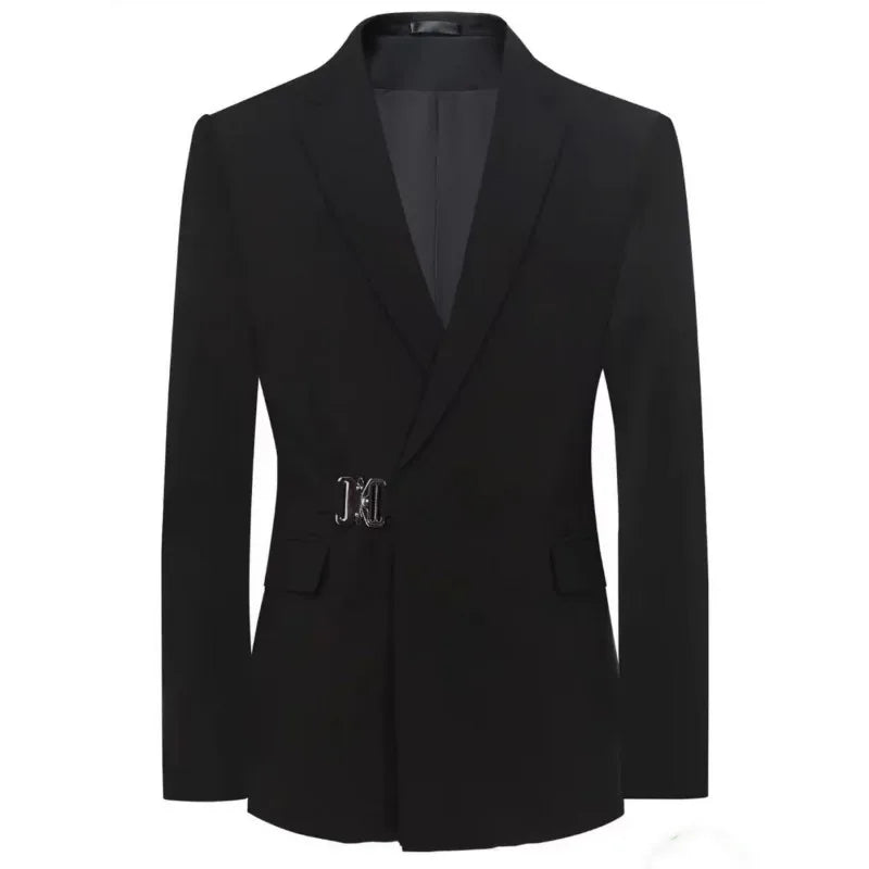 Vintage Men's Metal Buckle Designer Blazer Masculino Gentleman Slim Fit Business Performance Suit Elegant Black Jacket Coats