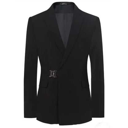 Vintage Men's Metal Buckle Designer Blazer Masculino Gentleman Slim Fit Business Performance Suit Elegant Black Jacket Coats