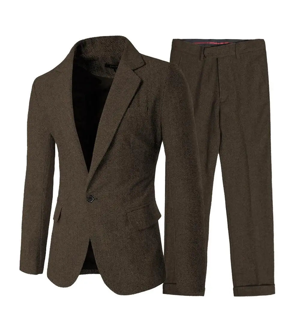 2 Piece Gray/Brown Herringbone Winter Suit for Men Wool Tweed Slim Fit Formal Groom Wedding Tuxedo Sets Office Business Suits