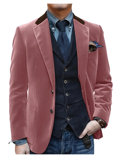 Men Velvet Blazer Contrast Brown Lapel Single Breasted Flap Pockets Smart Casual Business Streetwear Formal Outerwear