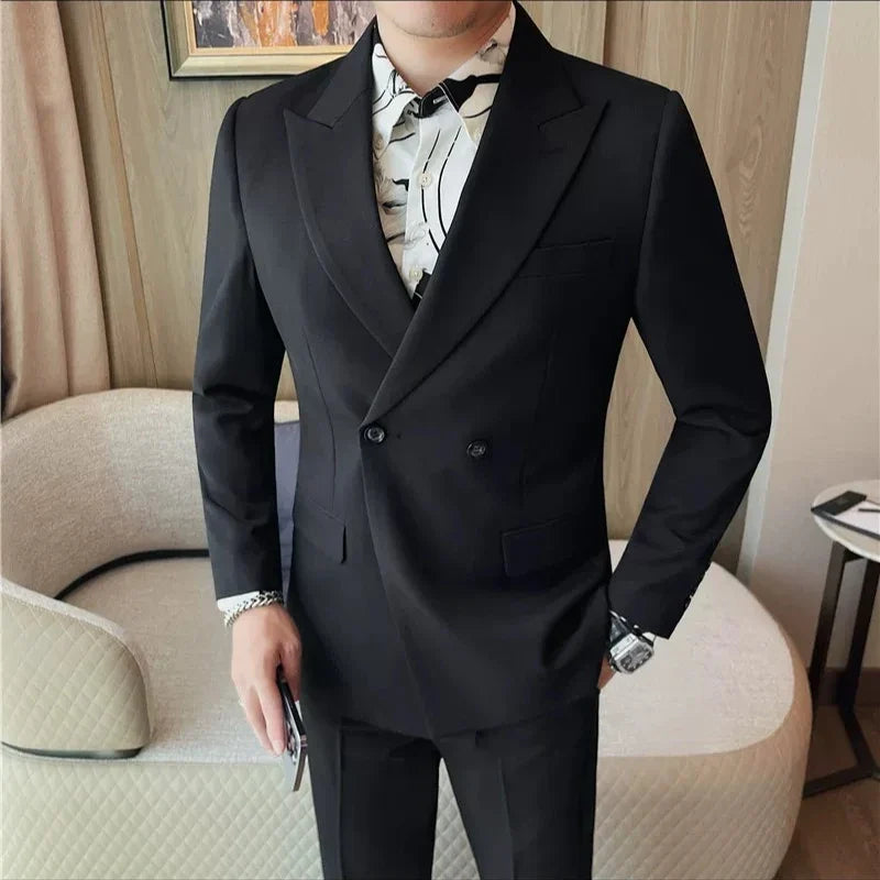 British Style Double Breasted Blazer Jackets Men High Quality Casual Business Suit Jacket Slim Business Wedding Groom Dress