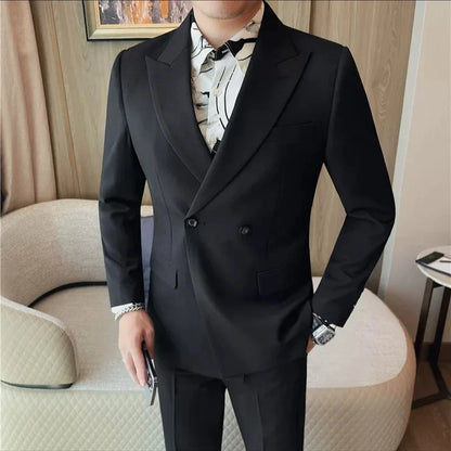 British Style Double Breasted Blazer Jackets Men High Quality Casual Business Suit Jacket Slim Business Wedding Groom Dress
