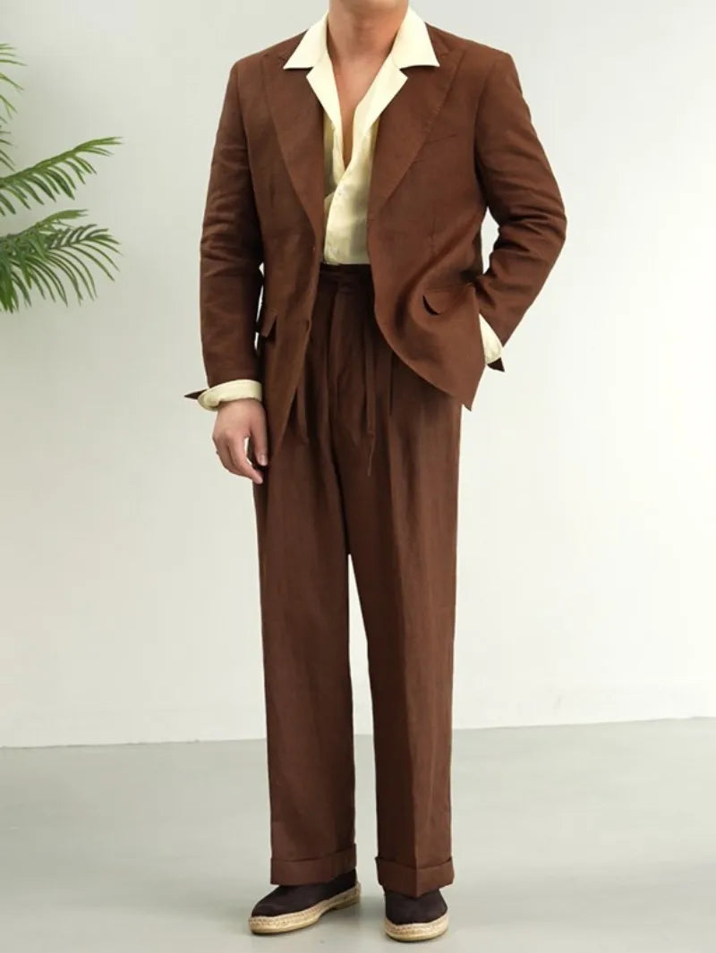 Men Retro Linen Suit Set Notched Collar Thin Business Casual Blazers Two Piece Set Lace Up Long Pant Full Length Trousers Outfit