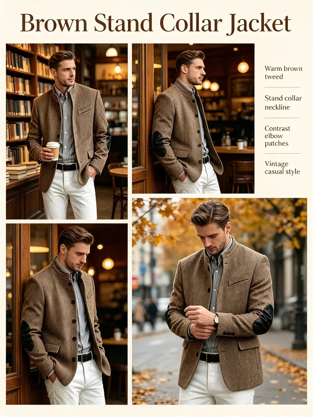 Men's Herringbone Tweed Blazer With Elbow Patches Retro Stand Collar Jacket Slim Fit Daily Party Business Casual Sport Coat ﻿