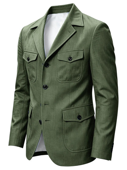 Men's Linen Safari Blazer Four Flap Pockets Slim Soft Jacket Casual Business Coat For Street Outdoor Vacation Party Daily Travel