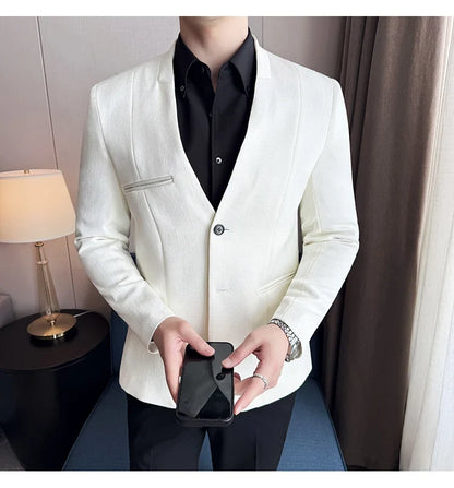 Chinese Style Collarless Suit Jacket Men Fashion Slim Fit Versatile Blazers Male Casual Business Wedding Groom Dress Jacket 2025