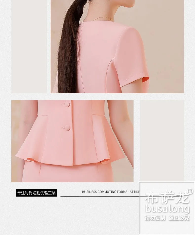 2025Summer Blue Short Sleeve Blazer Suit Professional Women's Skirt Set Short Skirt Elegant Fashion Formal Workwear