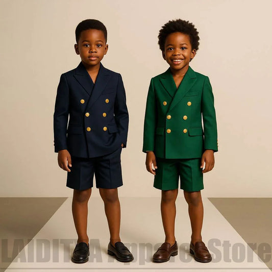 Summer Double Breasted Boys Suit 2 Piece Kids Blazer Shorts With Gold Buttons Outfit Wedding Flower Boy Birthday Party Wear