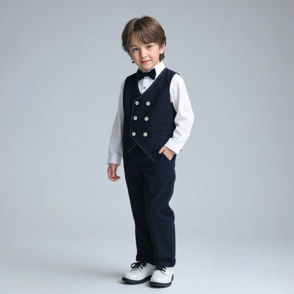Gentlman Boys Formal Wedding Suit Set Kids Blazer Vest Pants Bowtie Brooch 5Pieces Clothes Set Children's Performance Costume