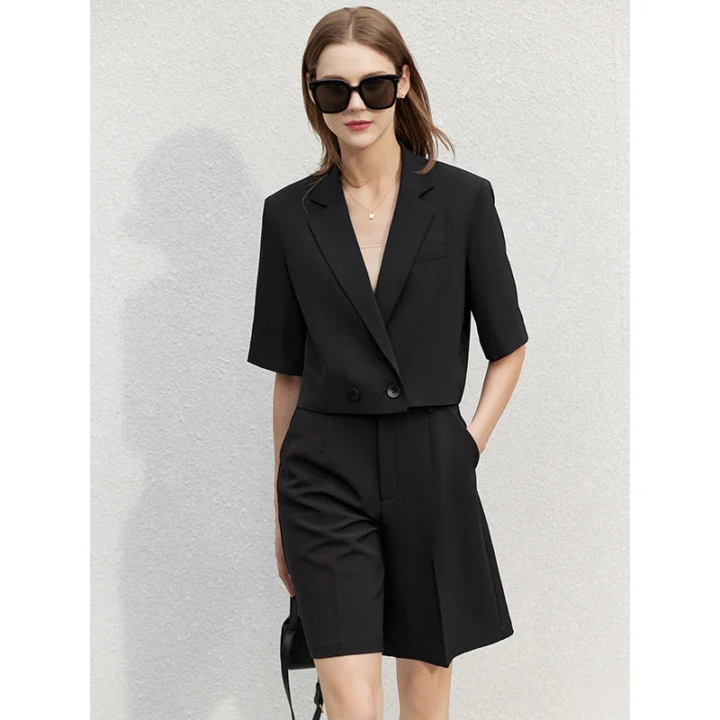 Minimalism Women's Jacket Casual Blazer 2024 Summer Shirts Office Lady Black Business Blazers Short Sleeve Tops 12322062