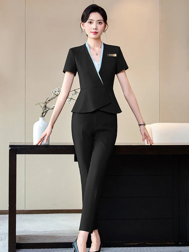 Fashionable professional women's clothing, high-quality short-sleeved suit jacket + pants set, slim and comfortable