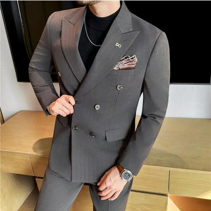 (Jackets+Pant) High Quality Dark Striped Double Breasted Suit Luxury Men Fashion Elegant Tuxedo Formal Groom Wedding Social Suit