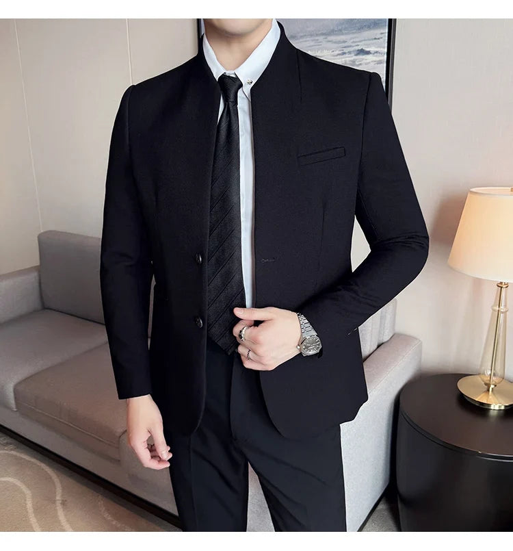Waffle New Chinese Stand-Up Collar Suit Coats Men Slim Fit Business Casual Fashion Suits Jacket Formal Social Prom Party Tuxedos