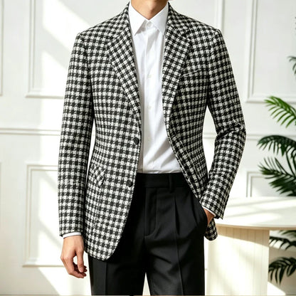 Vintage Black White Checkered Tweed Fabric Men Suit Jacket Luxury Slim Fit Business Men‘s Wedding Formal Tuxedos Suit Blazer