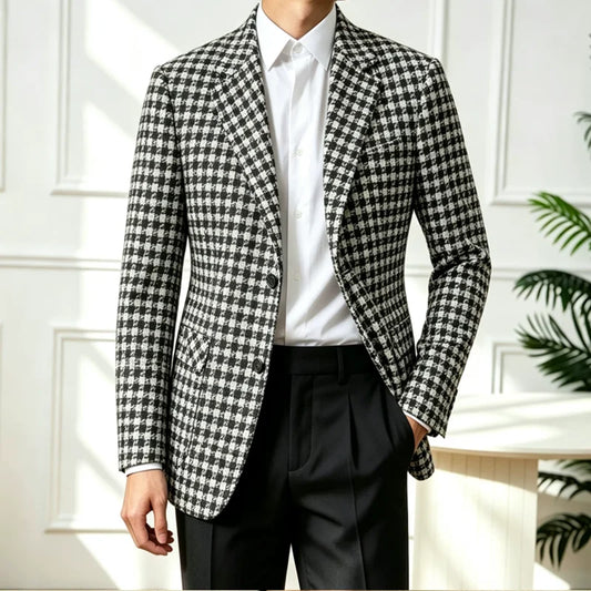 Vintage Black White Checkered Tweed Fabric Men Suit Jacket Luxury Slim Fit Business Men‘s Wedding Formal Tuxedos Suit Blazer