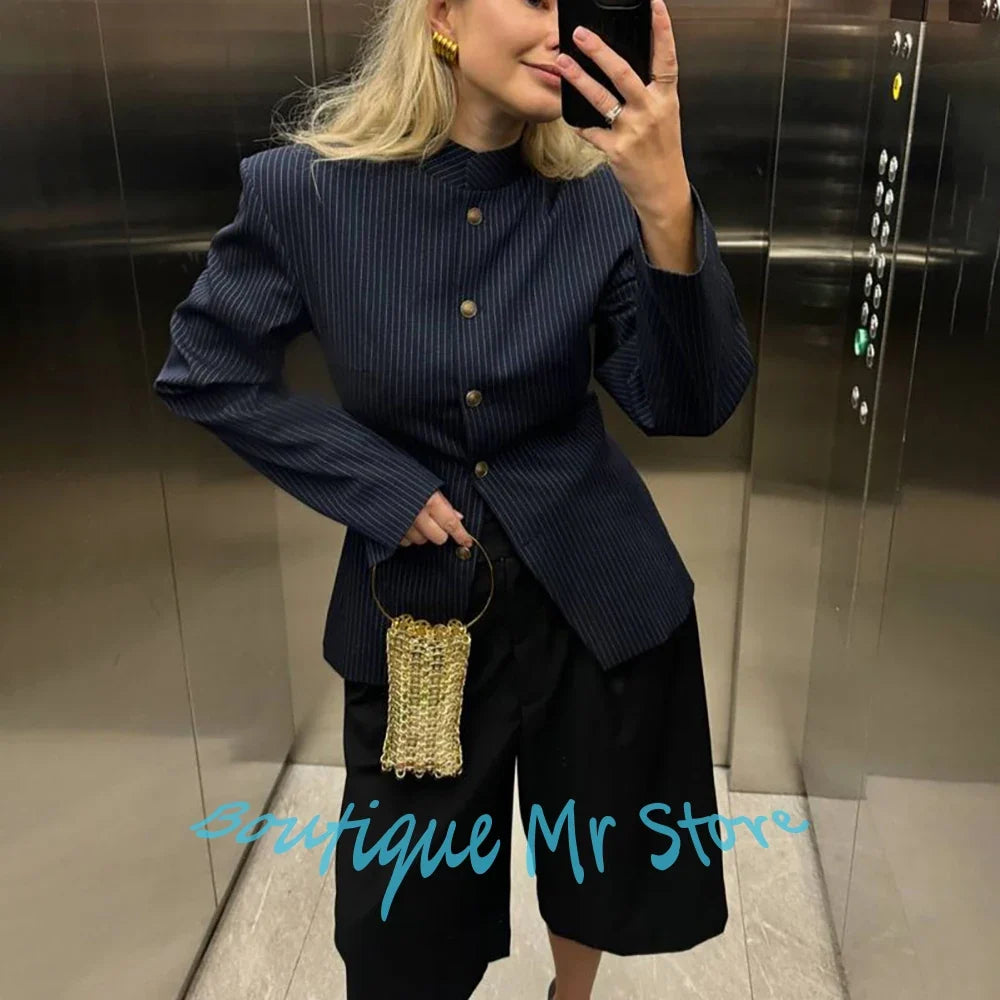 Smart Casual Women's Suits Stand Collar Single Breasted Two Piece(Jacket+Pants) Set Daily Streetwear Fashion Female Outfit