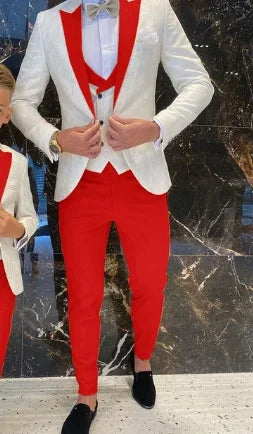Groom White Floral Men Suits Tuxedo Slim Fit Wedding Suits Groom Full Wedding Gentleman Costume 3 Pieces (Jacket+Vest+Pants)