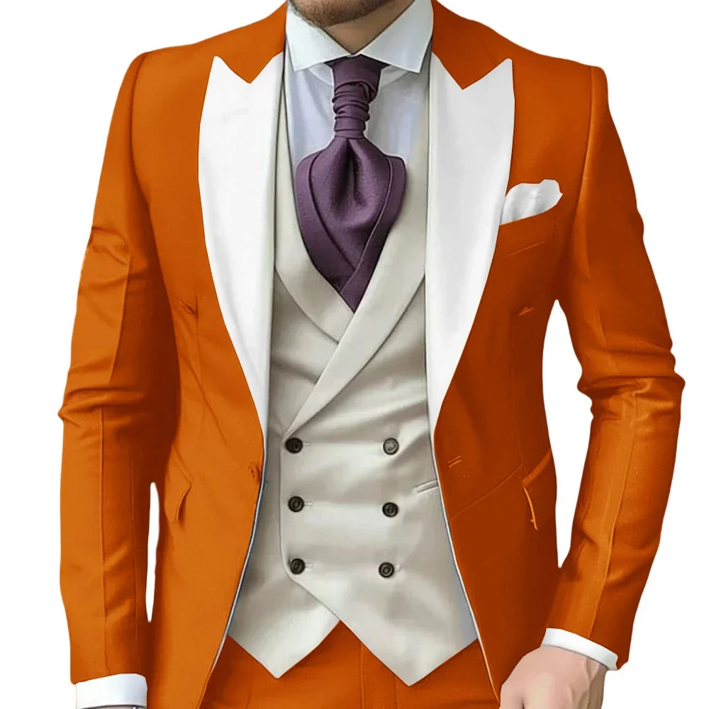 Fashionable Contrast Color Men's Suits 3 Pieces Jacket Vest Pants Dancing Sets Handsome Peak  Lapel Suit Set For Men Party Wear