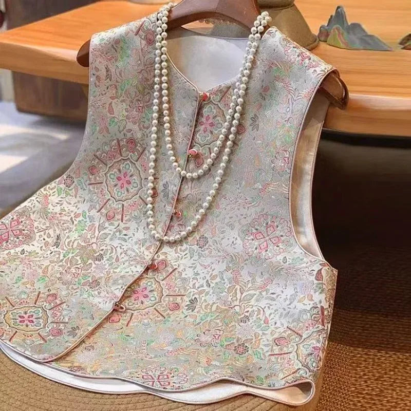 New National Style Chinese Vest Women Spring Autumn On Both Sides Sleeveless Jacket Female Bright Silk Embroidery Vest Waistcoat