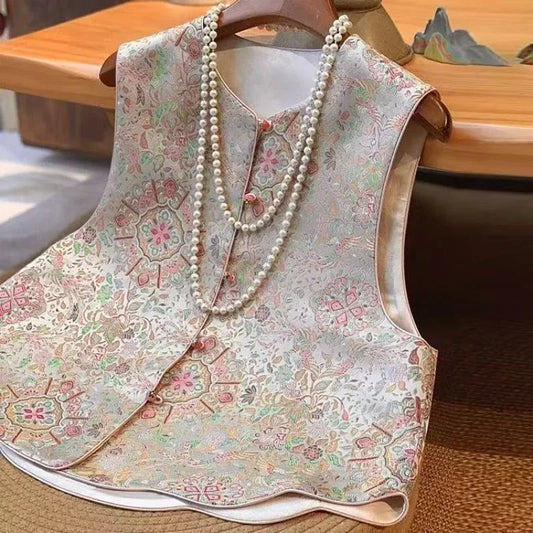 New National Style Chinese Vest Women Spring Autumn On Both Sides Sleeveless Jacket Female Bright Silk Embroidery Vest Waistcoat