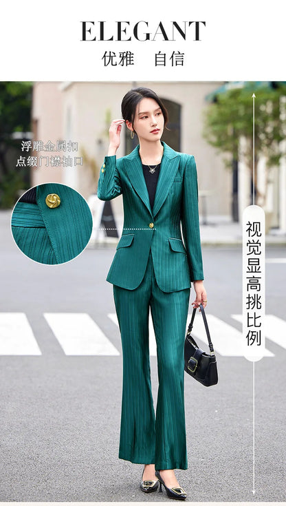 Professional Women's Suit2024New Autumn Green Striped Acetate Suit Workwear Elegant High-end Workplace Formal Wear