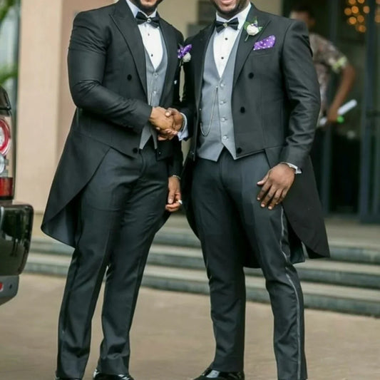 Latest Design Black Tailcoat Style Groom Tuxedos Peak Satin Lapel Men Suits Wedding Best Man 3 Pieces Costume Homme