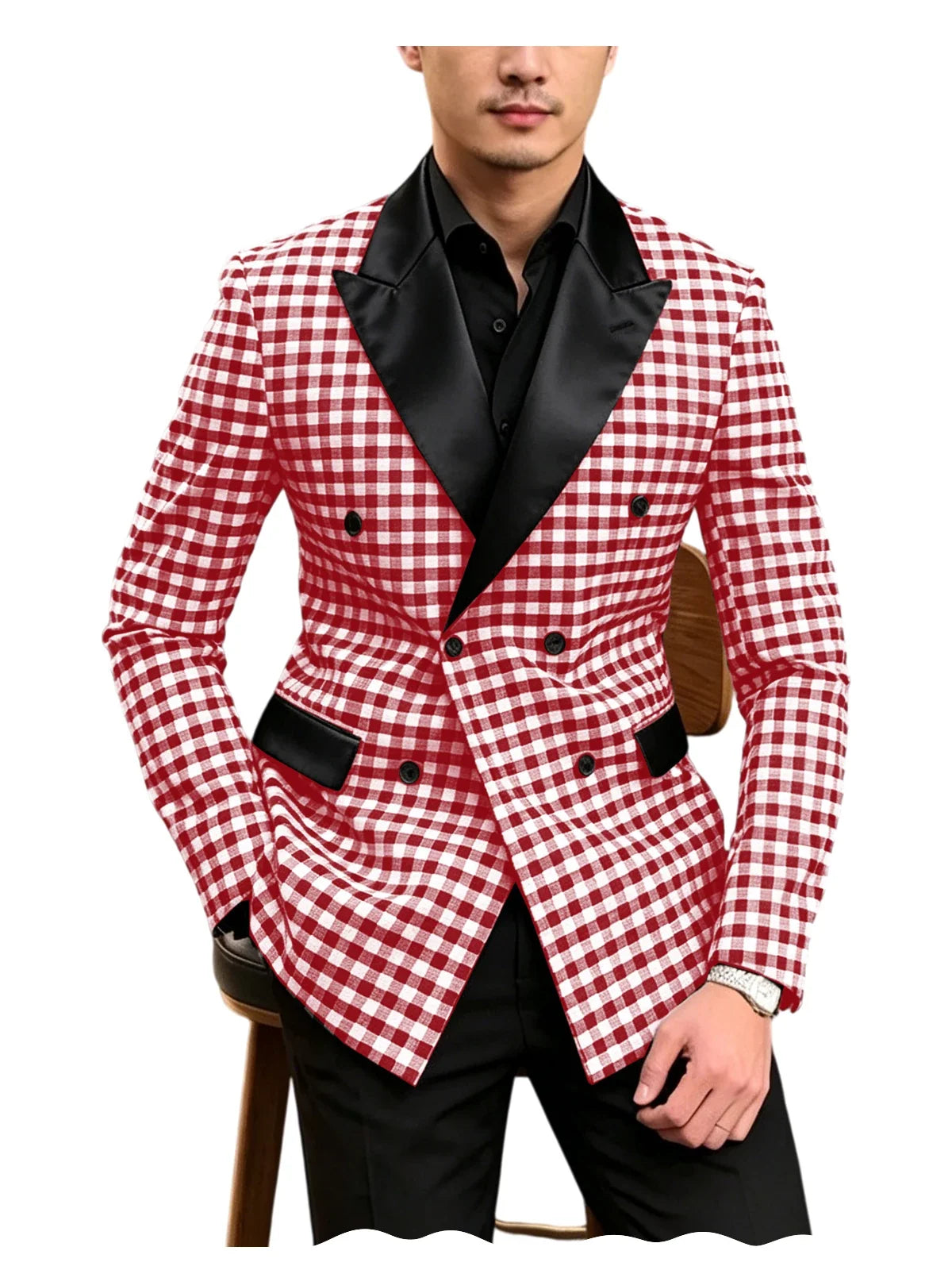 Men's Checkered Double Breasted Blazer Tailored Slim Fit Formal Jacket For Wedding Groom Cocktail Event Prom Dinner Party Coat