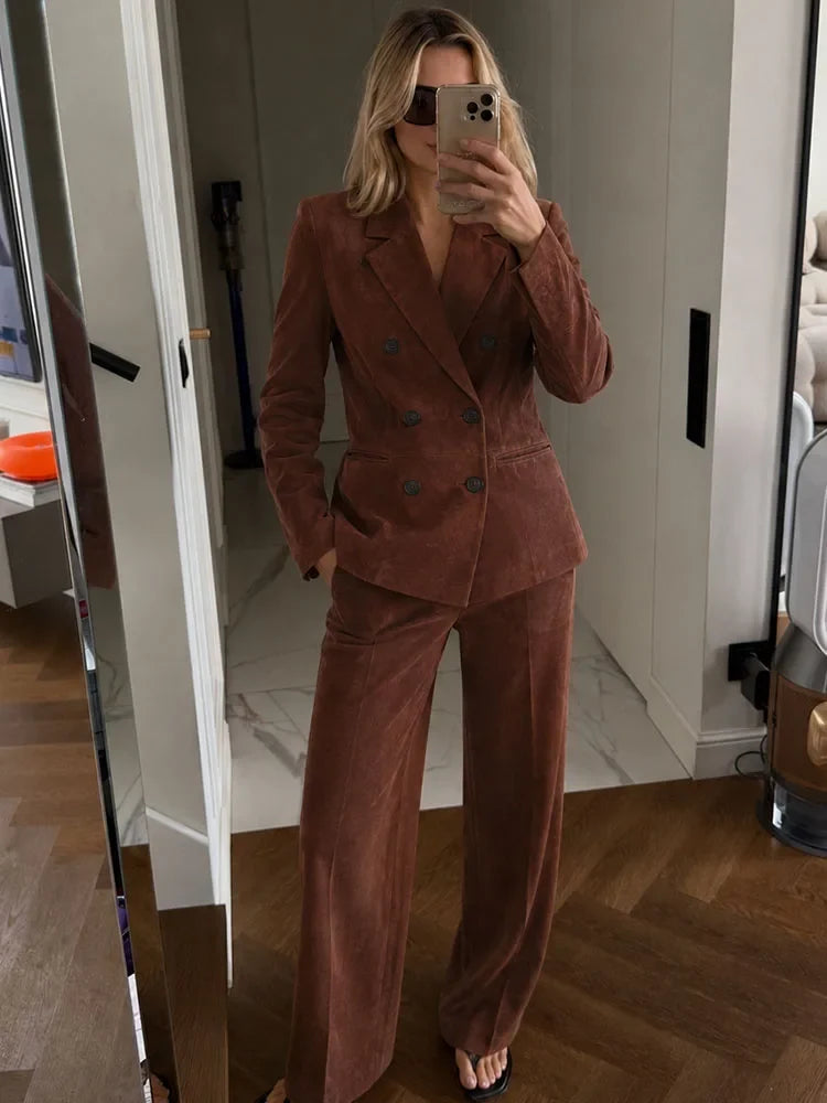 Vintage Women's Suede Texture Slim Blazer 2026 Autumn Double Breasted Lapel Suit Jacket Female Elegant Office Coat Outerwear