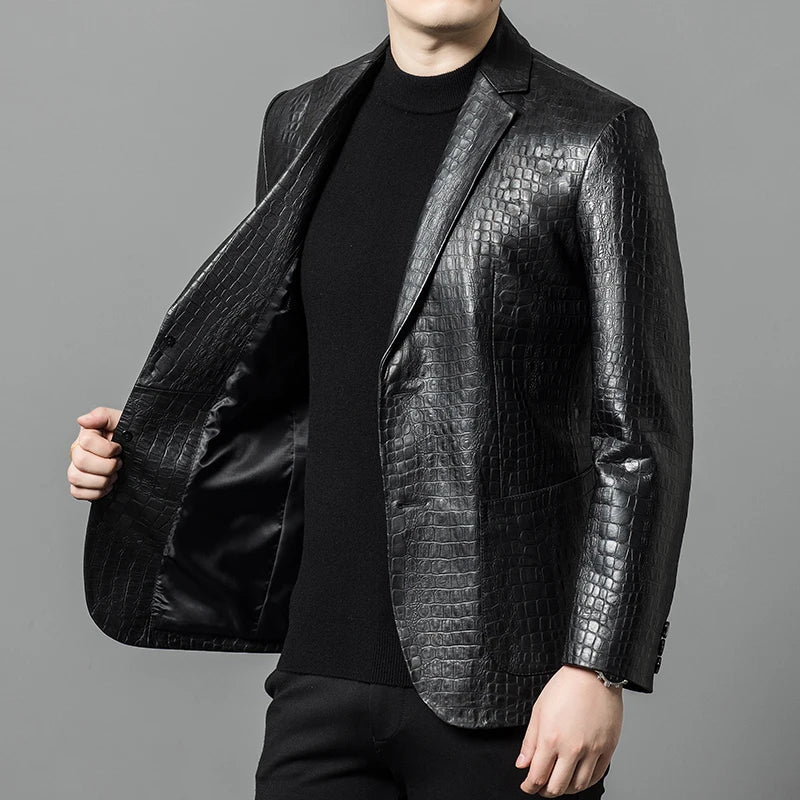 Men's Wool Sheepskin Blazer – Single Breasted Smart Casual Winter Coat – Black