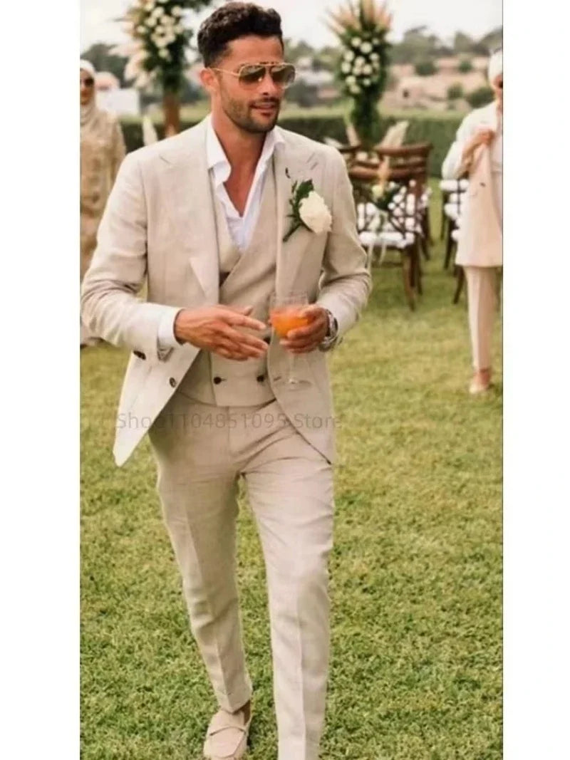 Costume de mariage 3 pièces beige/bleu en lin pour homme, costume de marié d'été, smoking décontracté de plage pour homme, ensemble veste, gilet et pantalon pour soirée de bal