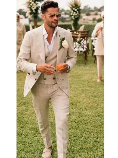 Costume de mariage 3 pièces beige/bleu en lin pour homme, costume de marié d'été, smoking décontracté de plage pour homme, ensemble veste, gilet et pantalon pour soirée de bal