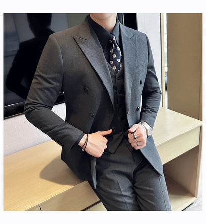 Men's Double Breasted Suit Set – Slim Fit Blazer, Vest & Pants for Wedding & Business