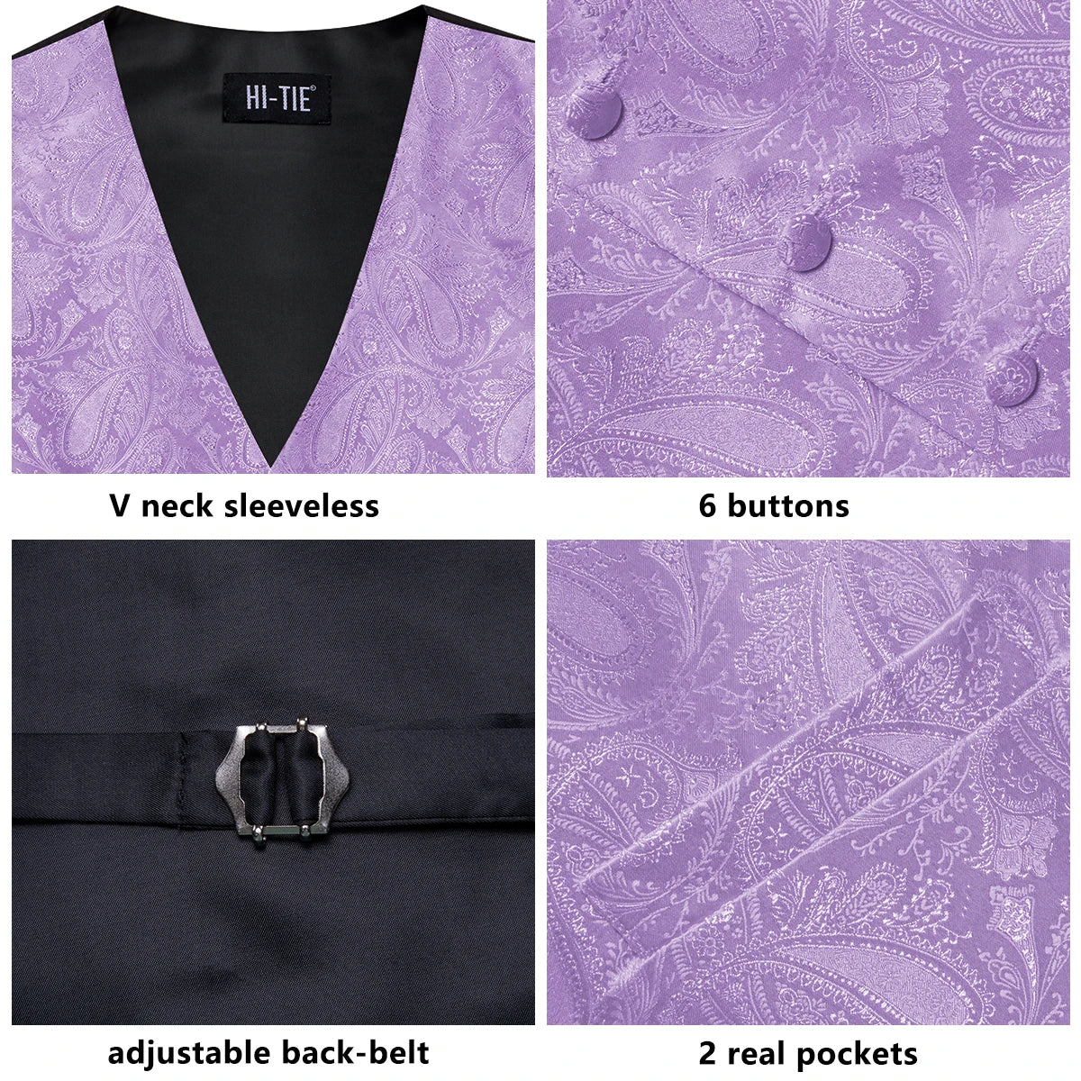Men's Vest 5-In-1 Set Lilac Paisley V-Neck for Prom, Banquet & Formal Occasions