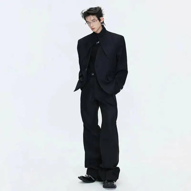 2026 Spring Patchwork Design Cross Collar Solid Color Casual Jacket Men Fashion Elegant Temperament Straight Pants JY6553