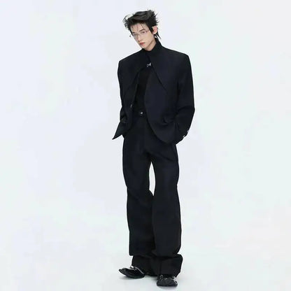 2026 Spring Patchwork Design Cross Collar Solid Color Casual Jacket Men Fashion Elegant Temperament Straight Pants JY6553