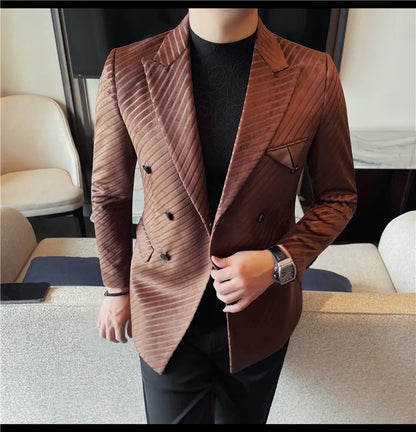 British Style Double Breasted Suit Jacket Men Striped Casual Business Blazers High Quality Wedding Social Banquet Dress Coats