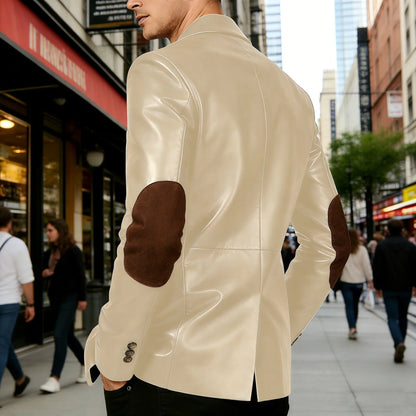 Men's Shiny Leather Blazer with Suede Elbow Patches Slim Fit 2-Button Notch Lapel Suit Jacket Streetwear Casual Party Sport Coat