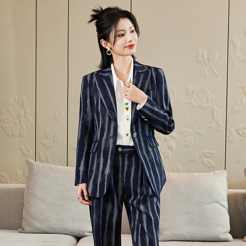 Fashion Autumn Winter Ladies Pant Suit Women Striped Female Business Work Wear Jacket Blazer and Trouser Formal 2 Piece Set