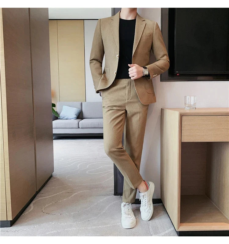 2025 New Waffle Blazers +Pant 2 Piece Set Men Fashion Business Slim Fit Solid Tuxedo Groom Wedding Prom Wear Casual Men's Sets