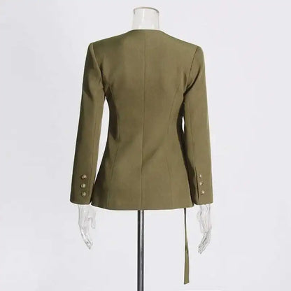 Women Blazer High Street Elegant Punk Stylish V-Neck Lace-Up Trendy Solid Color Cross Irregular Design Suit-Coat New HK3060