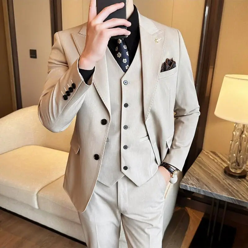 (Blazer + Vest + Trousers) 2024 New Men Formal Business Solid Suit 3 Pieces Set Italian Style Luxury Wedding Social Party Tuxedo