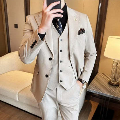 (Blazer + Vest + Trousers) 2024 New Men Formal Business Solid Suit 3 Pieces Set Italian Style Luxury Wedding Social Party Tuxedo